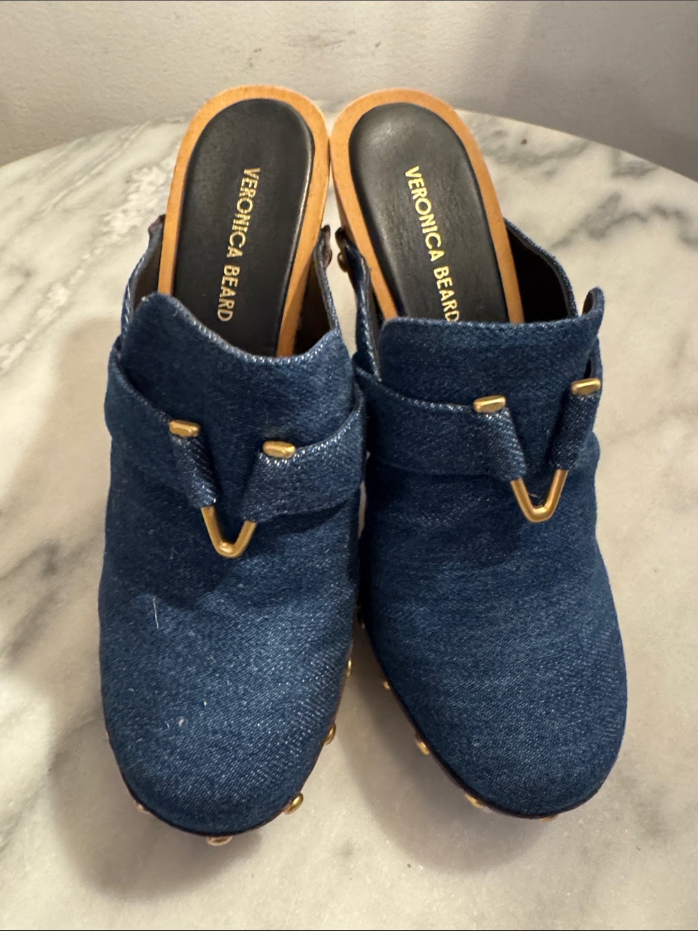 Veronica Beard Dark Blue Denim Slip-On Mule Clogs with Gold Accents